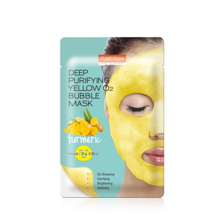 Giliai valanti putojanti veido kaukė su ciberžole Purederm Deep Purifying Yellow O2 Bubble 25g