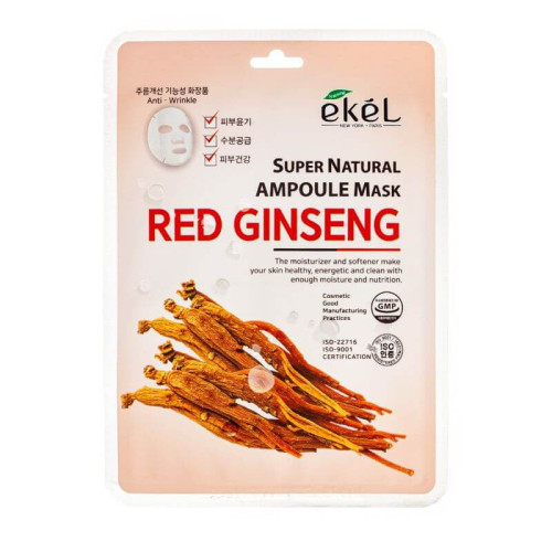 Lakštinė veido kaukė su raudonojo ženšenio ekstraktu Ekel Super Natural Ampoule Mask Red Ginseng  25g