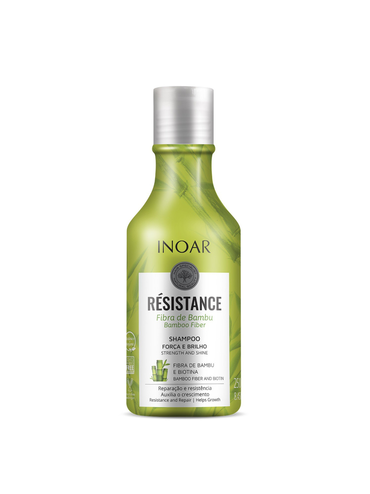 Stiprinantis ir blizgesio suteikiantis šampūnas INOAR Resistance Fibra de Bambu Shampoo 250ml