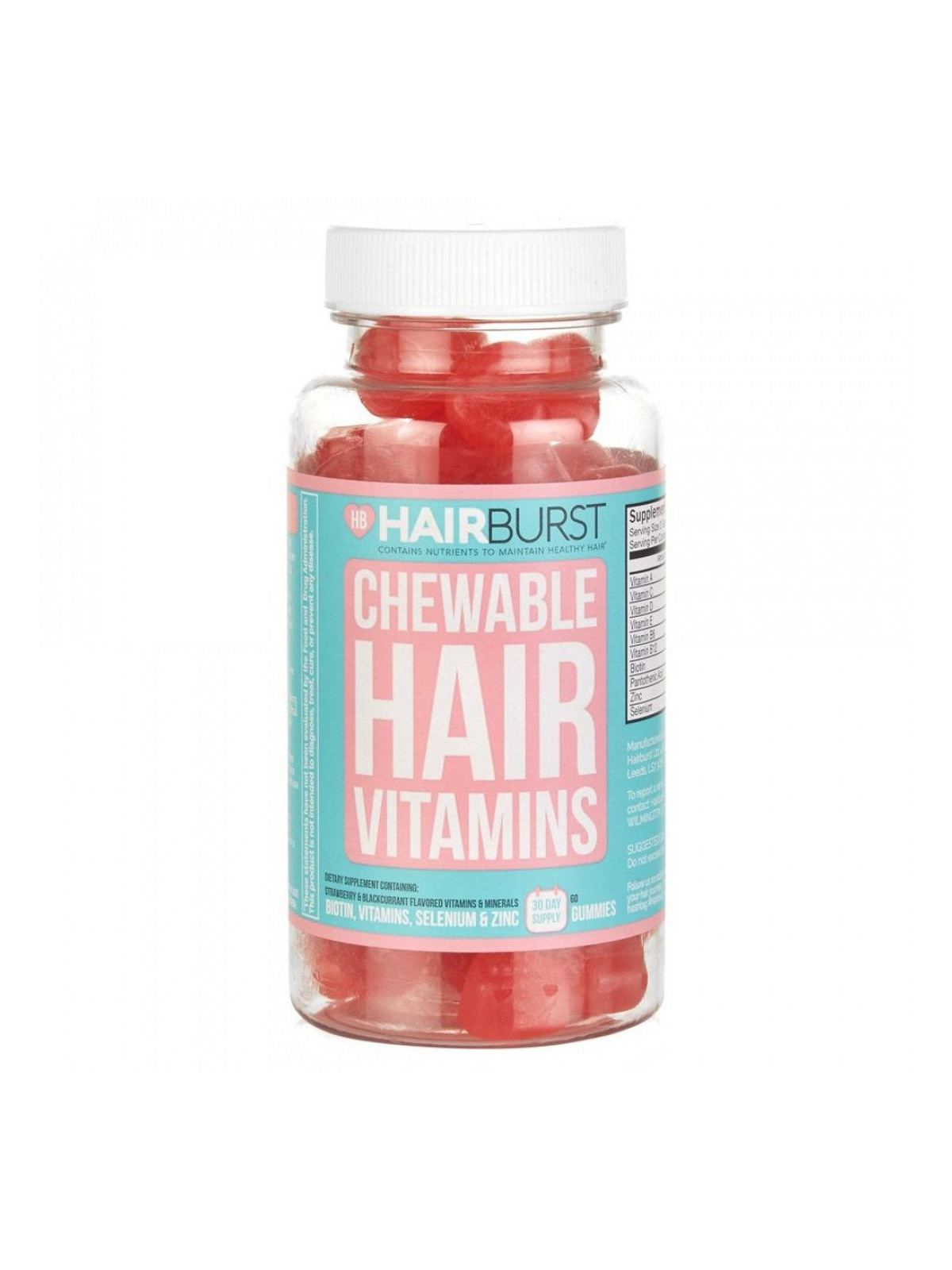 Maisto papildas plaukams, braškių ir juodųjų serbentų skonio Hairburst Chewable Hair Vitamins 60 guminukų