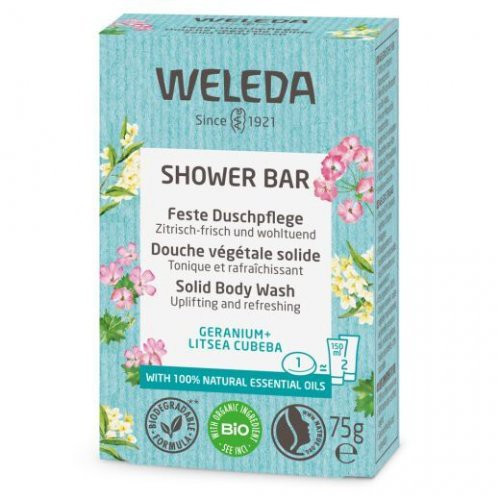 Weleda Dušo muilas su snapučiais ir japoniniais laureniais Shower Bar Solid Body Wash Geranium + Litsea Cubeba