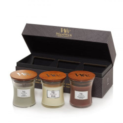 WoodWick Žvakių rinkinys dovanų dėžutėje Mini Core Fireside, White teak, Stone Washed Suede Gift Set