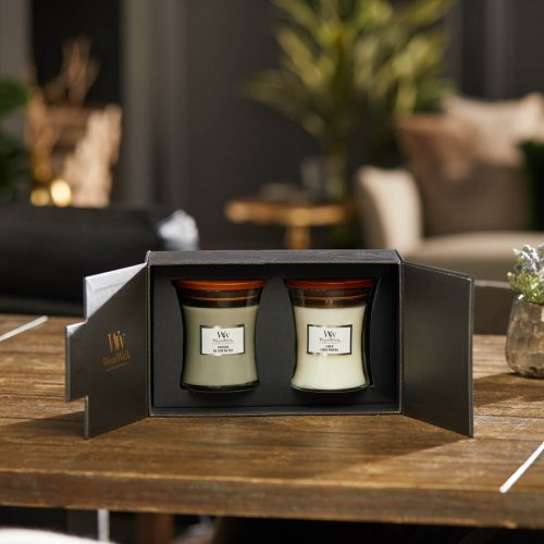 WoodWick Žvakės dovanų dėžutėje Medium Core Fireside & Linen Gift Set