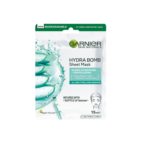 Garnier Intensyviai drėkinanti lakštinė veido kaukė Hydra Bomb Aloe Sheet Mask