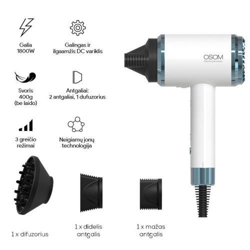 OSOM Professional White Hair Dryer Plaukų džiovintuvas 