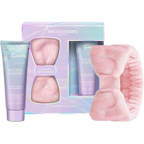 Baylis & Harding Kūno prausiklio ir galvos juostos rinkinys Jojoba, Vanilla & Almond Oil Luxury Headband Gift Set
