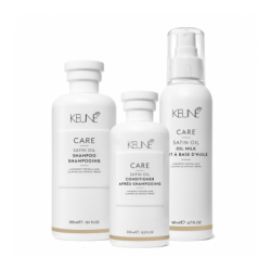 Rinkinys sausiems, blizgesį praradusiems plaukams Keune CARE Line Satin Oil (šampūnas+kondicionierius+purškiama dulksna)