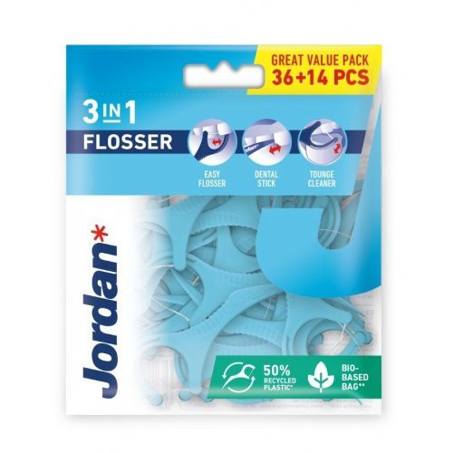 Jordan Tarpdančių siūlai su laikikliu, dantų krapštuku ir liežuvio valikliu 3-in-1 Flosser