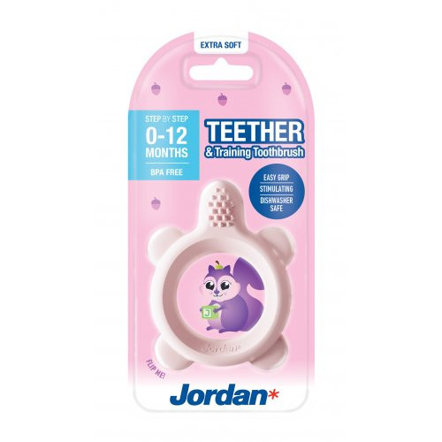 Ypač minkštas kramtukas kūdikiams ir pirmasis dantų šepetėlis Teether and Training Toothbrush Extra Soft Pink