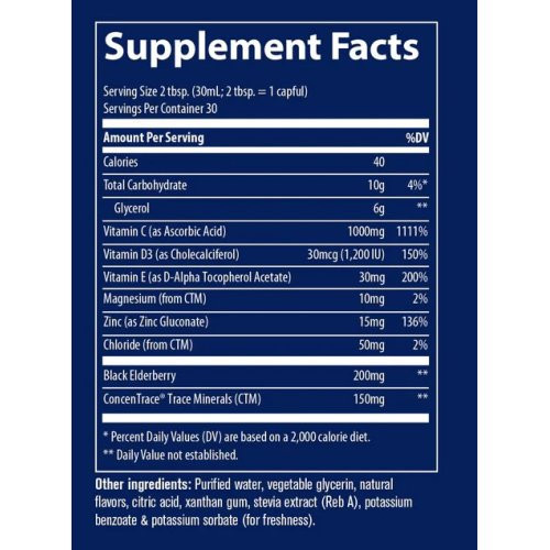 Trace Minerals Skystas papildas imuninės sistemos veiklai su vitaminu C, cinku ir vitaminu D Liquid Immunity+