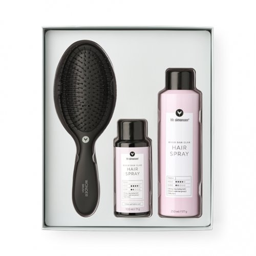 HH Simonsen Stiprios fiksacijos plaukų lako ir šepečio dovanų rinkinys Wham Bam Glam Hair Spray Hair Gift Box