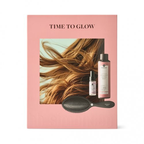 HH Simonsen Blizgesio suteikiančio purškiklio, plaukų aliejaus ir šepečio dovanų rinkinys Time To Glow Brilliant Gloss Mist Hair Gift Set