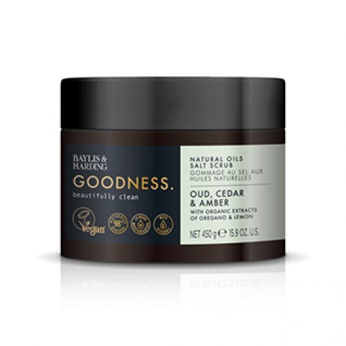 Druskos kūno šveitiklis Goodness Oud, Cedar & Amber Natural Oils Salt Scrub 450g